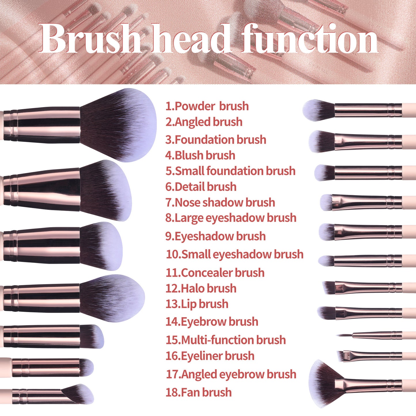 Set de 18 pinceaux de maquillage roses, set pratique avec seau rotatif et coussin poudre, comprend des pinceaux de maquillage en forme de baril.