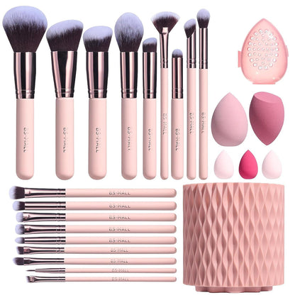 Set de 18 pinceaux de maquillage roses, set pratique avec seau rotatif et coussin poudre, comprend des pinceaux de maquillage en forme de baril.